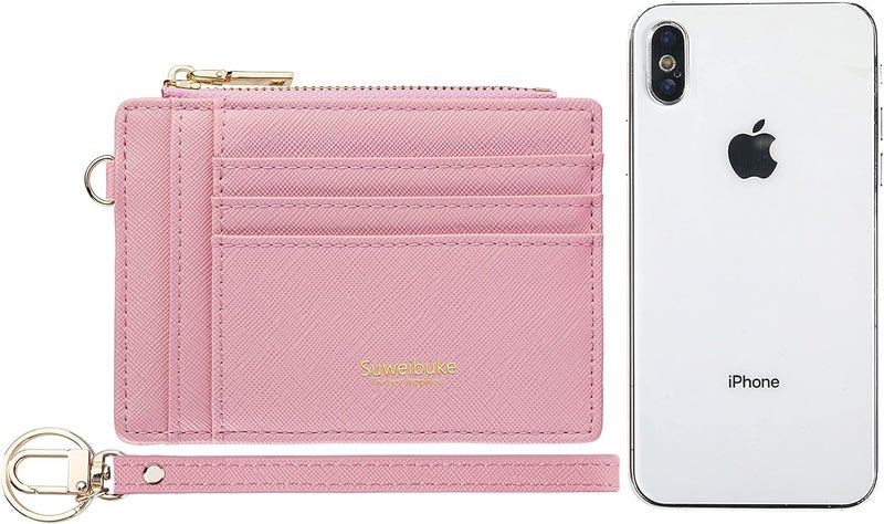 Wikavanli Women Slim Rfid Blocking Credit Card Case Holder Wristlet Zip ID Case Wallet Small Compact Leather Wallet Coin Purse with Keychain (Pink) - Image 3